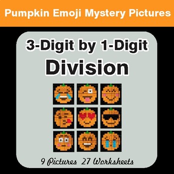 3-Digit by 1-Digit Division - Color-By-Number PUMPKIN EMOJI Math Mystery Pictures
