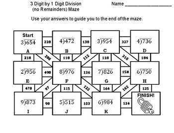 3 digit by 1 digit division no remainders activity math maze by science spot