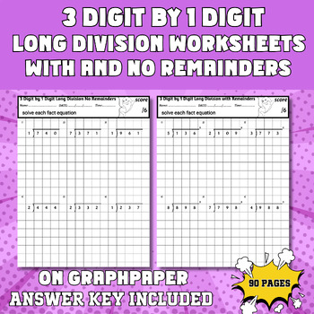 Preview of 3 Digit by 1 Digit Long Division with and without Remainders on Graph Paper