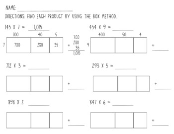 Preview of 3 Digit by 1 Digit Multiplication (Box Method/Area Model)