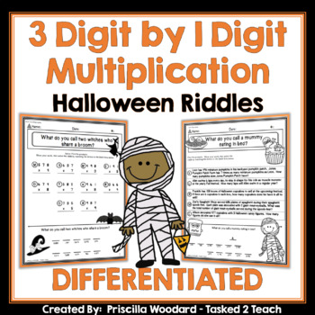 Preview of 3 Digit by 1 Digit Multiplication Riddles | Halloween Math DIFFERENTIATED