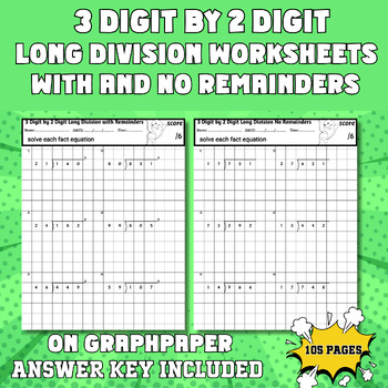 Preview of 3 Digit by 2 Digit Long Division with and without Remainders on Graph Paper