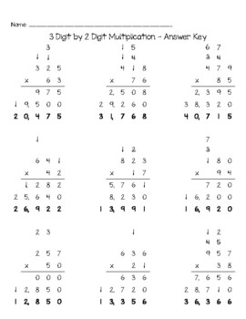 3 digit by 2 digit multiplication worksheets answer keys tpt