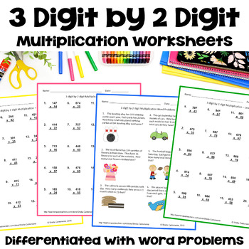 Preview of 3 Digit by 2 Digit Multiplication Worksheets - Differentiated with Word Problems