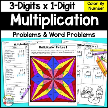 3-Digit x 1-Digit Multiplication Practice Color by Number Activity