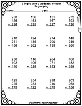 3 Digits, 3 Addends Addition without Regrouping Worksheet Math Problems