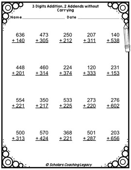 3 Digits Addition, 2 Addends without carrying Worksheets Math Problems