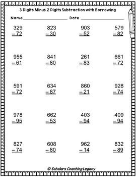 3 Digits minus 2 Digits Subtraction with Borrowing worksheet Math