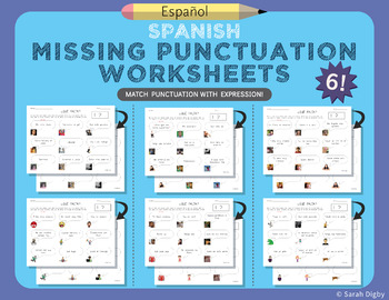 Preview of 6 Double-Sided Missing Punctuation Worksheets (Spanish)