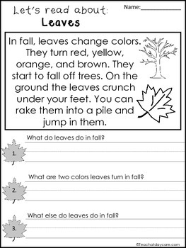 3 Fall themed Reading Comprehension No Prep Worksheets by Teach At Daycare