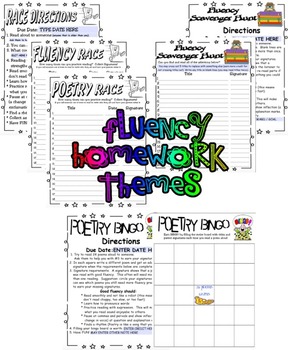 Preview of 3 Fluency Home Practice Themes: Race, Bingo, Scavenger Hunt