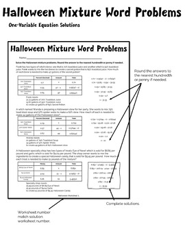 Preview of Mixture Word Problems - 1 variable - Halloween  Worksheets and Solutions - Set 2