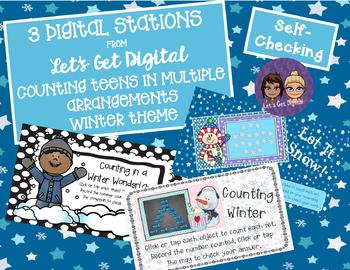 Preview of 3 INTERACTIVE DIGITAL TASK CARDS-Counting Teens in Multiple Arrangements-WINTER