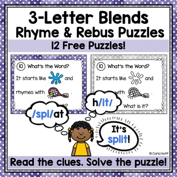 Preview of FREE! 3-LETTER BLENDS Trigraphs Onset & Rime Phonics Task Card Puzzles