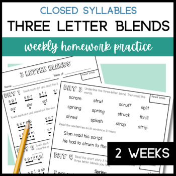 Preview of 3 Letter Blends Worksheet Words Decoding Practice & Fluency Homework