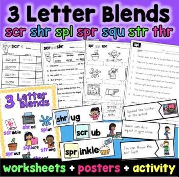 Preview of 3 Letter Blends Worksheets scr, shr, spl, spr, squ, str, thr trigraphs