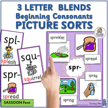 Preview of 3 Letter Blends Picture Sort for Beginning Consonant Blends - SASSOON Font