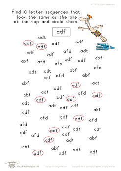 3 letter sequences visual perception worksheets by visual learning
