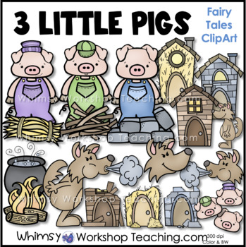 Preview of Three Little Pigs Fairy Tale Clip Art Images Color Black White