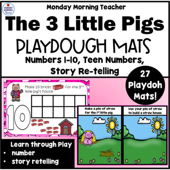 Preview of 3 Little Pigs Playdough Mat Activities, Numbers 1-20, Story Retelling