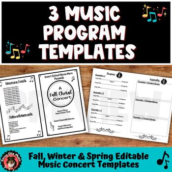 Preview of 3 Music Concert Program Templates for choir, band, orchestra & general music