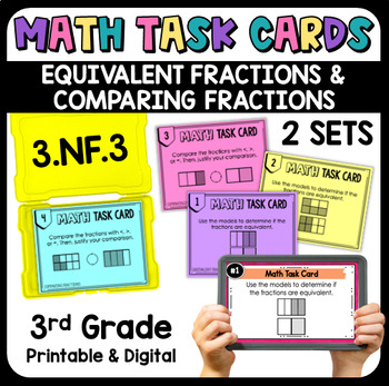 Preview of Equivalent Fractions & Comparing Fractions Math Task Cards w/ Digital 3.NF.3