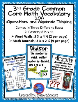 Preview of 3.OA {CCSS MATH VOCABULARY POSTERS} {WORD WALL} {MATH JOURNALS}