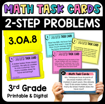 Preview of Two-Step Word Problems Math Task Cards with Digital 3.OA.8