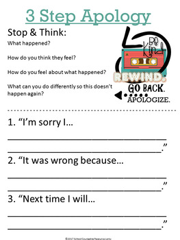 3 Step Apology Worksheets & Posters: Be Kind. Rewind. Go Back. Apologize.