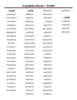 Preview of 3-Syllable Word List  (-sion, -tion, -cian)