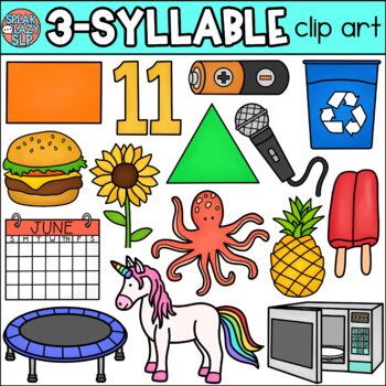 Preview of 3 Syllable Words Clip Art • Speech Therapy/Phonics • SpeakEazySLP