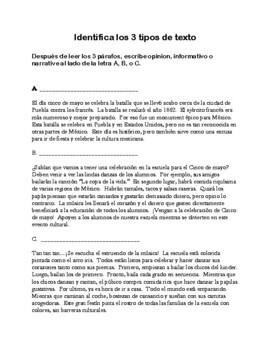 Preview of 3 TEXT TYPES, recognize 3 text types, SPANISH, simple, formative assessment