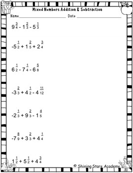 3 Terms Addition & Subtraction Mixed Numbers Problems Worksheet Math