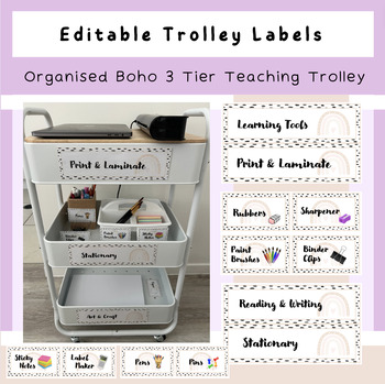 Preview of 3 Tier Trolley Editable Boho Labels | Organised Classroom