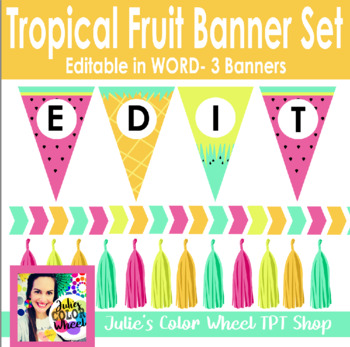 Preview of 3 Tropical Fruit Banners, Tassel, Triangle, Arrow, Editable