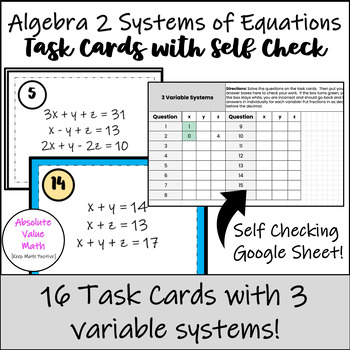 Preview of Algebra 2 System of Equations Task Cards | Self Checking | High School Activity