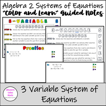 Preview of Algebra 2 Three Variable Systems of Equations Color and Learn Guided Notes
