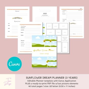 Preview of 3 Years Sunflower Dream Planner:  Goal Planner Canva Template & PDF