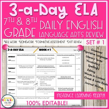 Preview of 3-a-Day ELA {SET 1}-Mechanics, Vocabulary & ELA Bell Work | Distance Learning