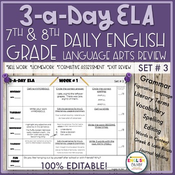 Preview of 3-a-Day ELA {SET 3}-Mechanics, Vocabulary & ELA Bell Work | Distance Learning