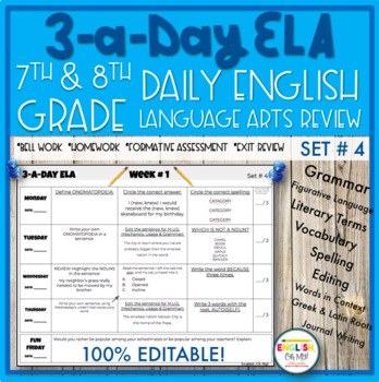 Preview of 3-a-Day ELA {SET 4}- Mechanics, Vocabulary & ELA Bell Work | Distance Learning