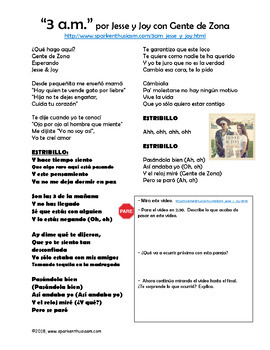 3 A M Spanish Song Lyrics Activities Unit Jesse Joy Con Gente De Zona