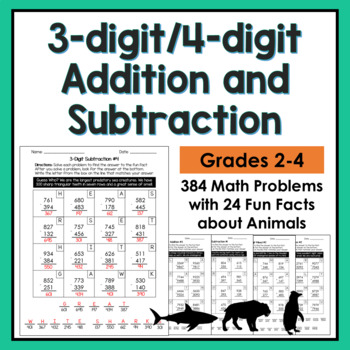 Preview of 3 and 4-Digit Addition and Subtraction | 384 problems with 20 fun animal puzzles
