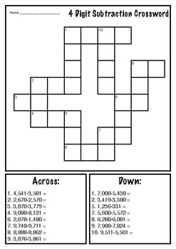3 and 4 Digit Subtraction Crossword Puzzle (Distance Learning) TpT