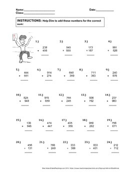 3 digit addition 50 problem set quiz homework or worksheet answer key