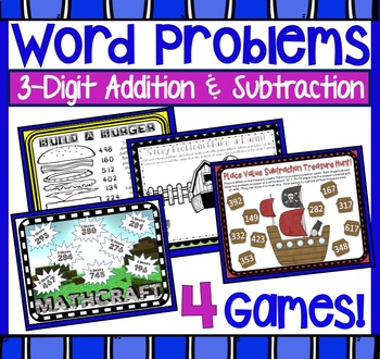 Preview of 3 digit addition and Subtraction Word Problem Math Center Games WITH Regrouping