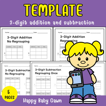 Preview of 3-digit addition and subtraction templates with regrouping boxes | Math