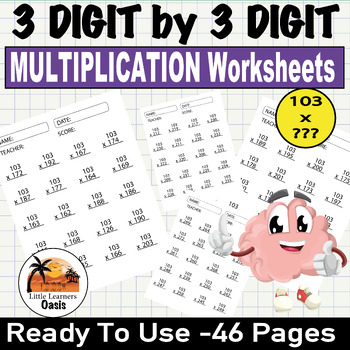Preview of 3 digit by 3 digit MULTIPLICATION Worksheets (103 x 100 to 103 x 999) 4th 5th