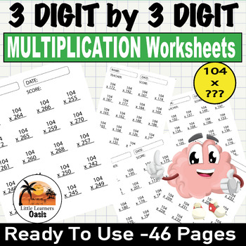 Preview of 3 digit by 3 digit MULTIPLICATION Worksheets (104 x 100 to 104 x 999) 4th 5th