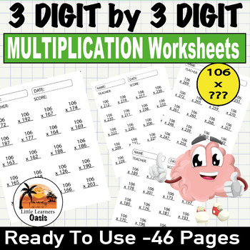 Preview of 3 digit by 3 digit MULTIPLICATION Worksheets (106 x 100 to 106 x 999) 4th 6th